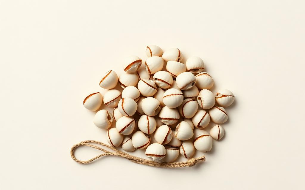 Archival illustration of Maldivian cowrie shells strung on raffia cord