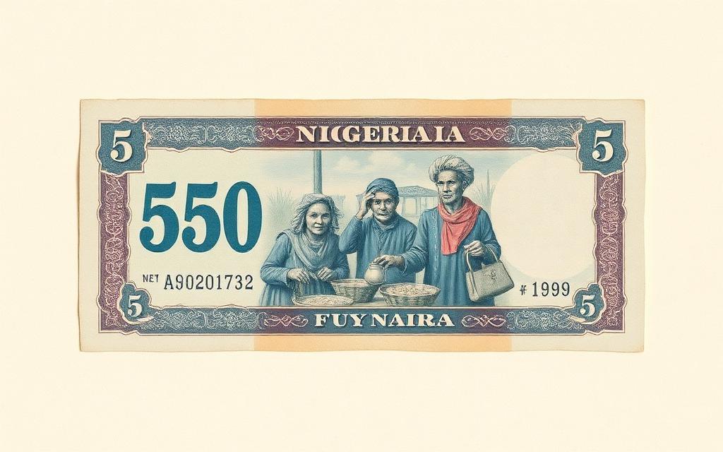 Archival illustration of a 1990s Nigerian fifty naira banknote showing four traders