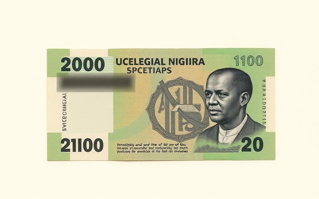 Archival illustration of a modern polymer Nigerian twenty naira banknote with a clear window