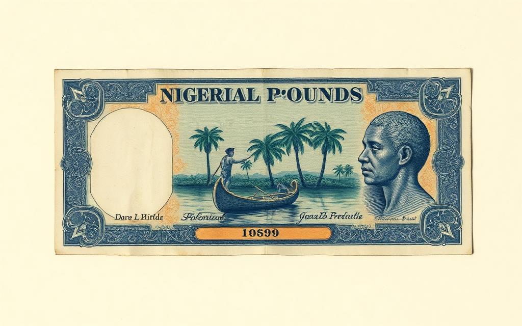 Archival illustration of a 1959 Nigerian pound banknote with a river canoe vignette